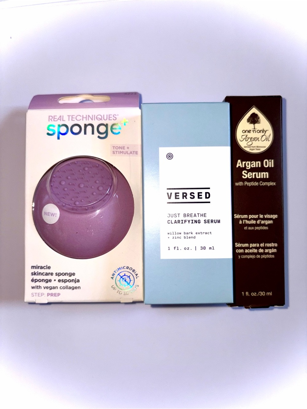 3 PC Skin Set: VERSED Serum, One n Only Argan Oil Serum, Real Tech absorb tool